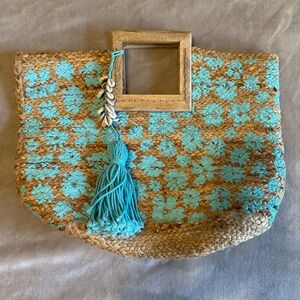 Twig & Arrow Boho Woven Jute Hand Painted Turquoise Flower Tote Beach Bag Tassel